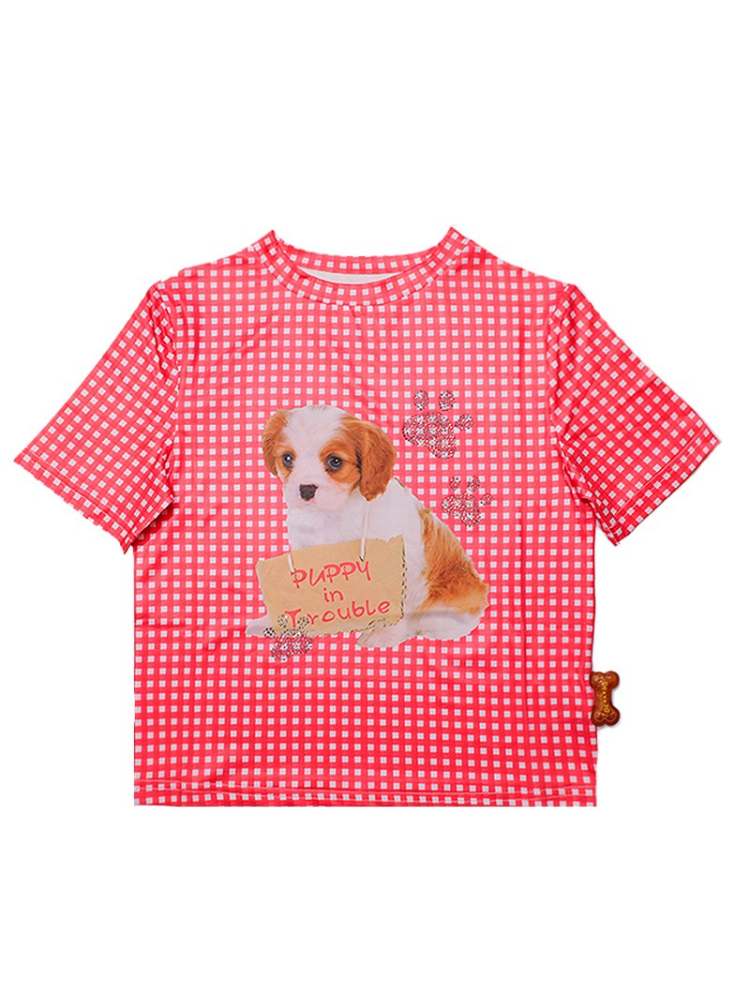 Cute Plaid Dog Print Short Sleeve Tee