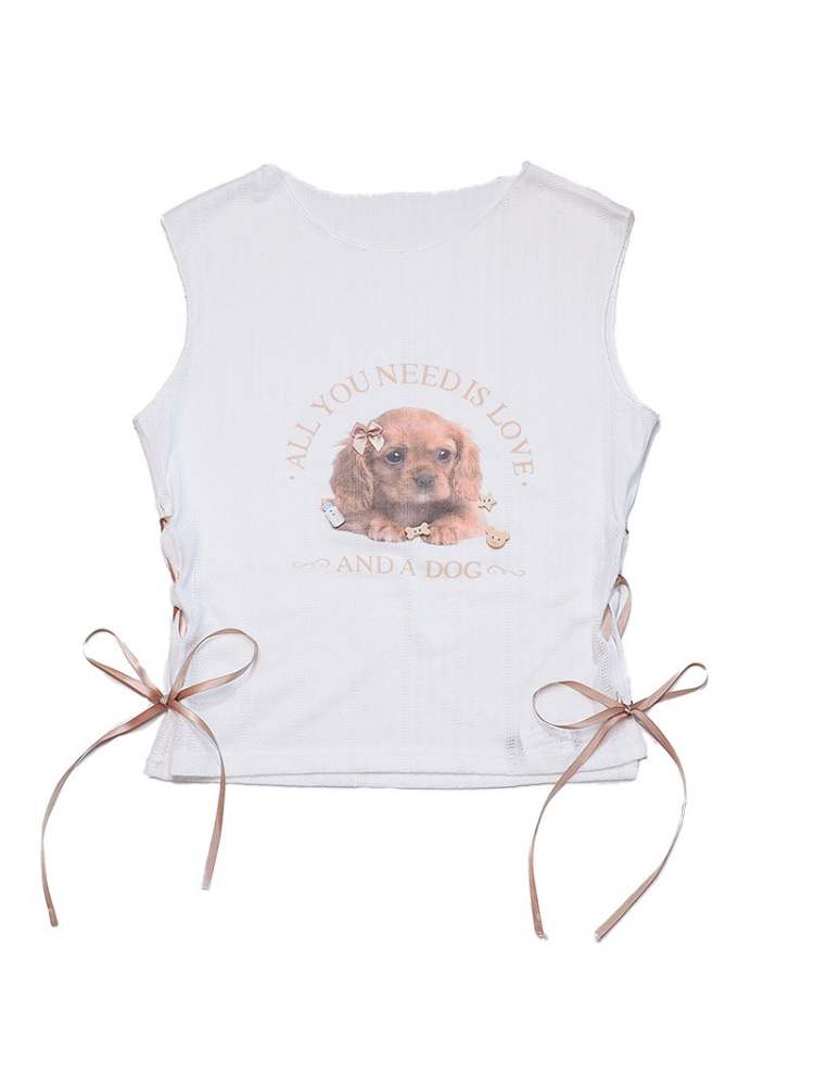 Dog Print Side Lace-Up Sleeveless Short Tops