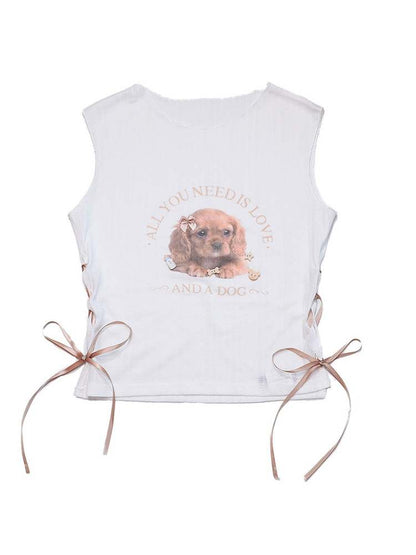 Dog Print Side Lace-Up Sleeveless Short Tops