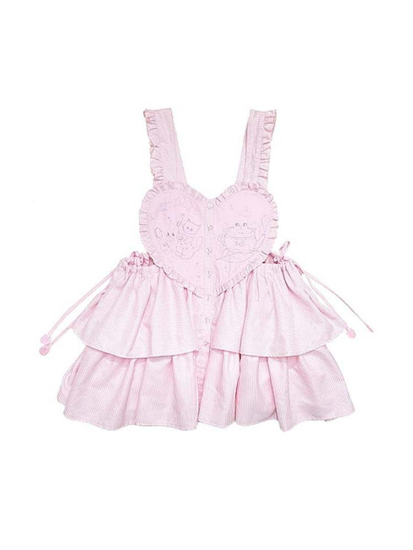 Cat Embroidery Drawstring Heart Layered Apron Dress