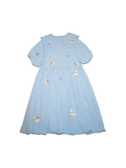 Sheep Embroidery Plaid Frill Dress