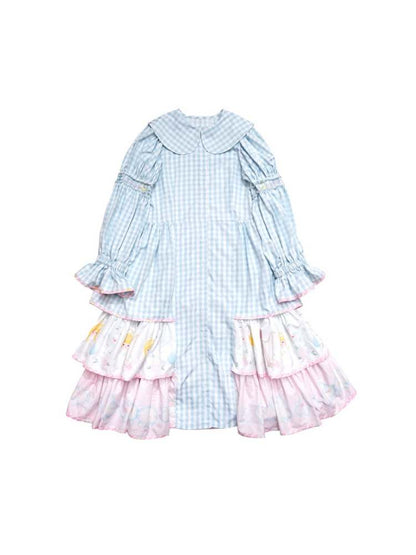 Angel Print Plaid Splicing Ruffles Tiered Dress