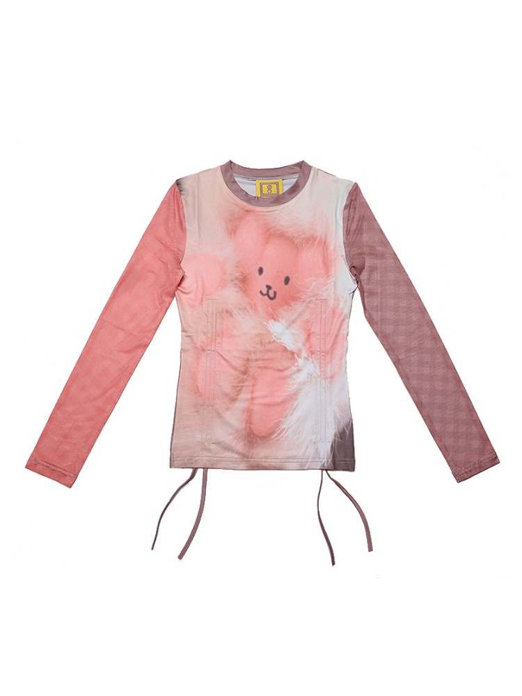 Cute Side Shirring Ribbon Bear Print Long Sleeve Tee