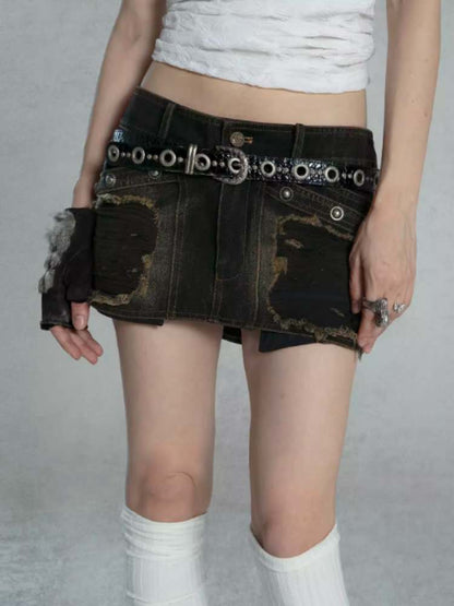 Damage Washed Denim Mini Skirt