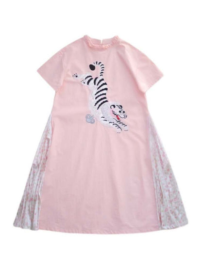 Tiger Embroidery Floral Splicing Pleats Dress