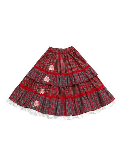 Plaid Rose Embroidery Cake Skirt