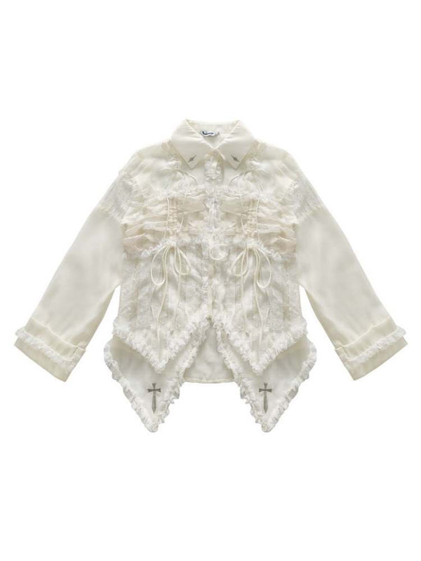 Lace-Up Crosses Embroidery Chiffon Lace Trim Shirt
