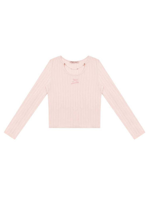 Neck Chain Ribbon Embroidery Rib Knit