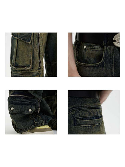 Multi Pocket Wide Leg Washed Denim Jeans