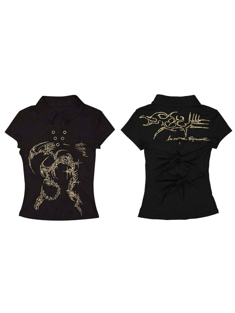 Back Open Gold Print Ribbon T-shirt