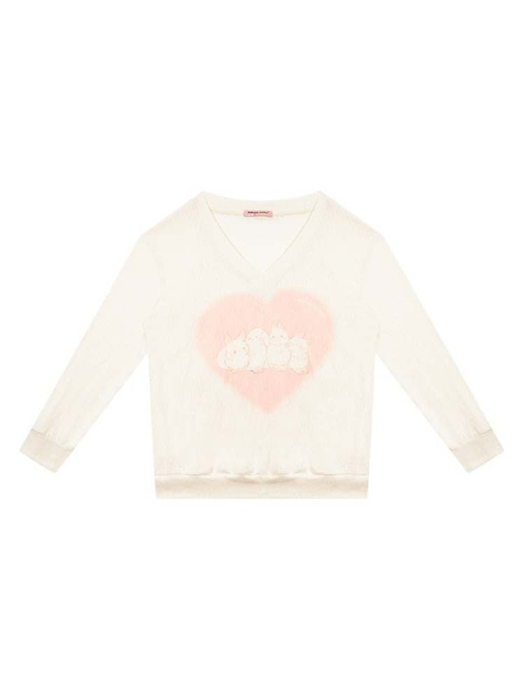 Love Bunny Print V-Neck Knit