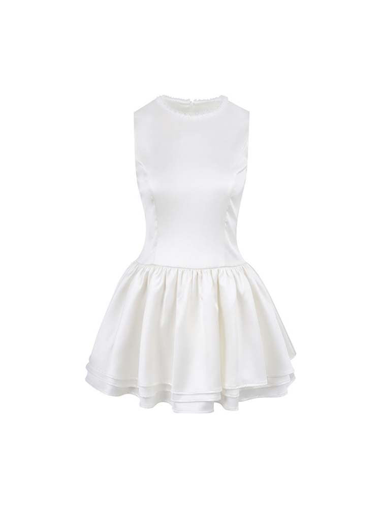 Pearl White Satin Three-Layer Sleeveless Dress