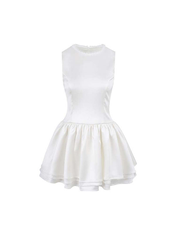 Pearl White Satin Three-Layer Sleeveless Dress