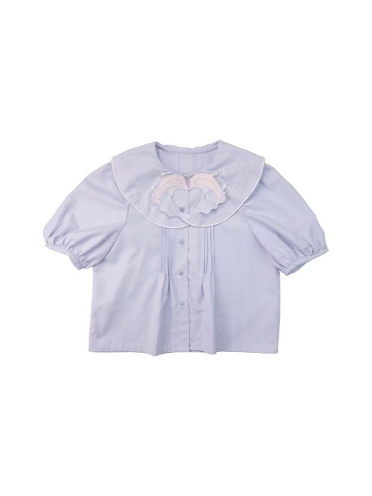 Dolphin Embroidery Collar Short Sleeve Shirt