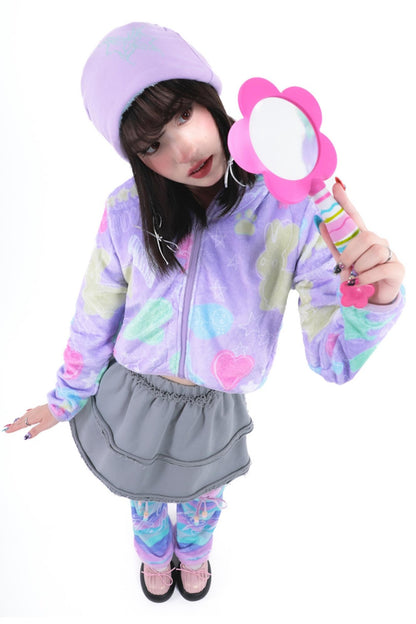 Purple Cropped Fleece Print Jacket