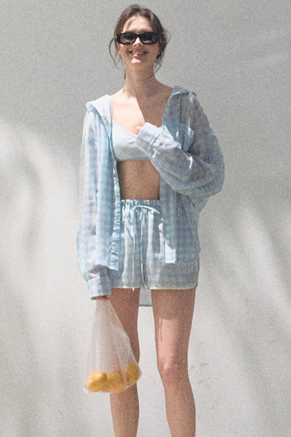 Tencel Hooded Sun Shirt & Plaid Shorts Set-Up