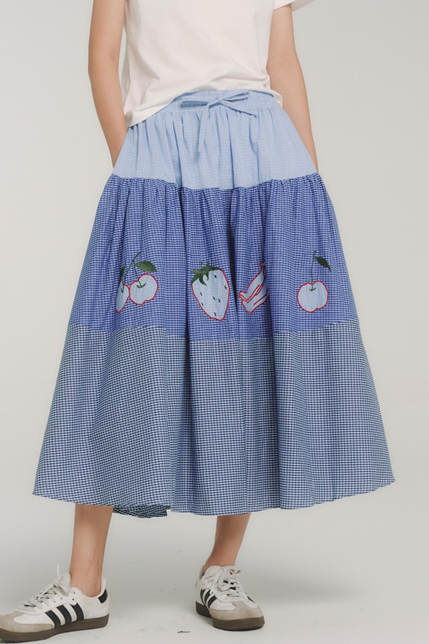 Blue Check Elastic Waist Skirt