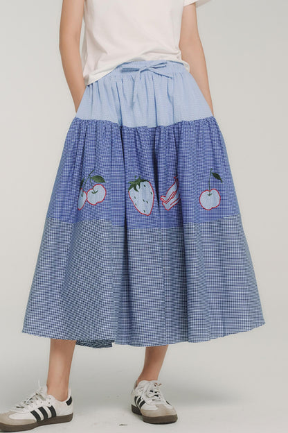 Blue Check Elastic Waist Skirt