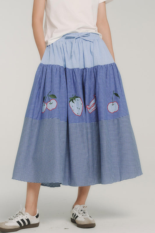 Blue Check Elastic Waist Skirt