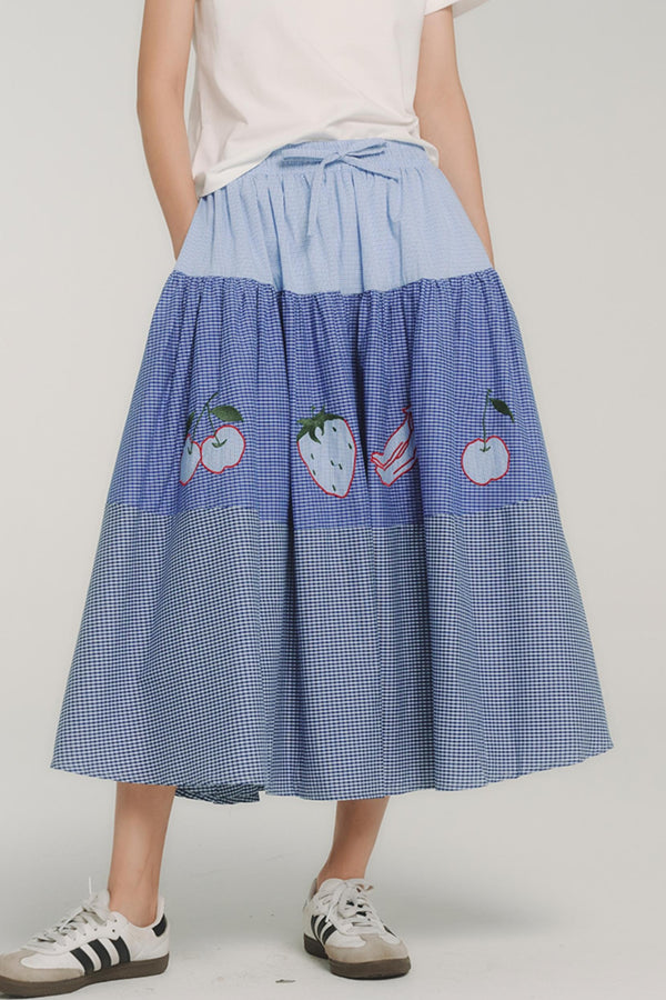 Blue Check Elastic Waist Skirt