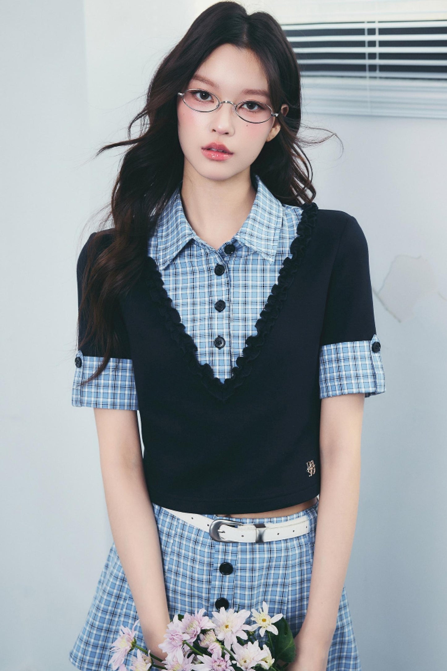 Checked Polo Shirt And Pleated Skirt Set-Up