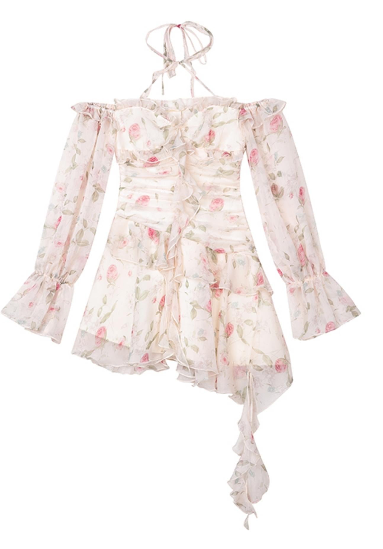 Floral Fantasy Irregular Hem Long Sleeve Dress