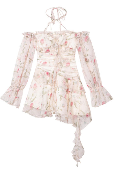 Floral Fantasy Irregular Hem Long Sleeve Dress