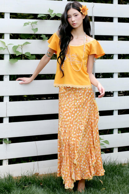 Orange Floral Ruffle Two-Piece Ensemble Set-Up
