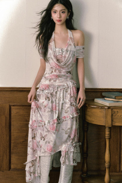 Rose Butterfly One Shoulder Mesh Dress