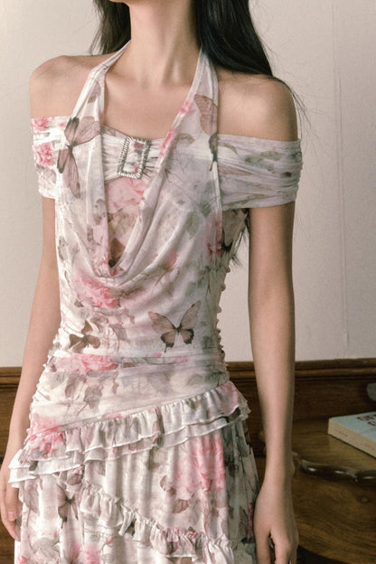 Rose Butterfly One Shoulder Mesh Dress