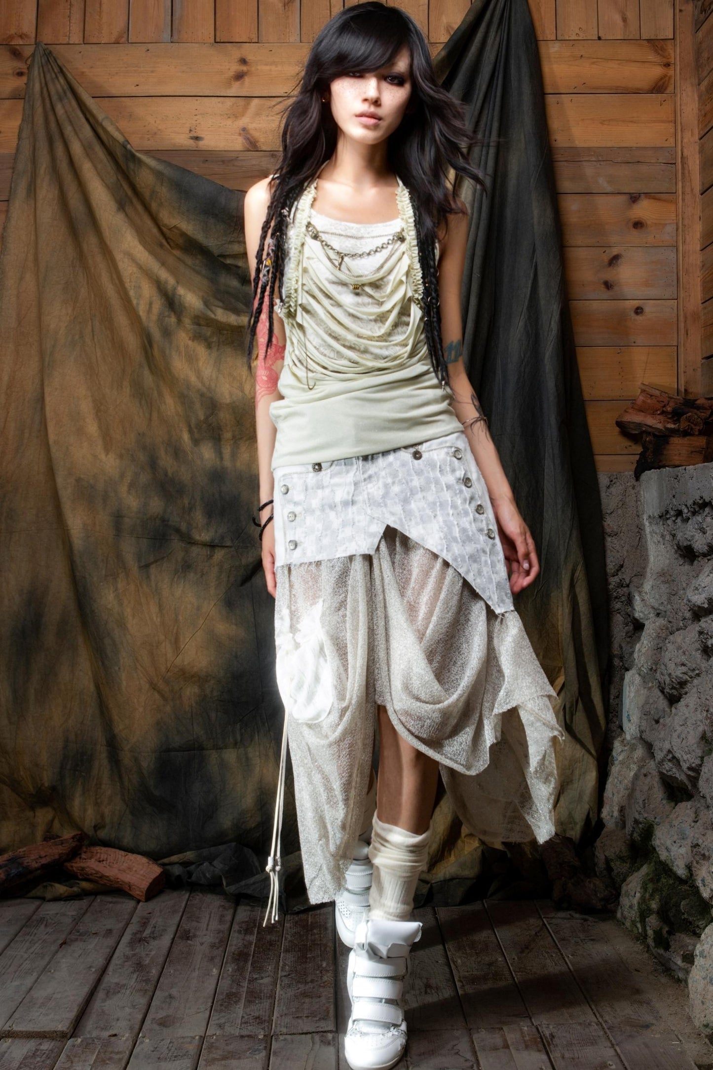 Vintage Patchwork Mesh Maxi Skirt