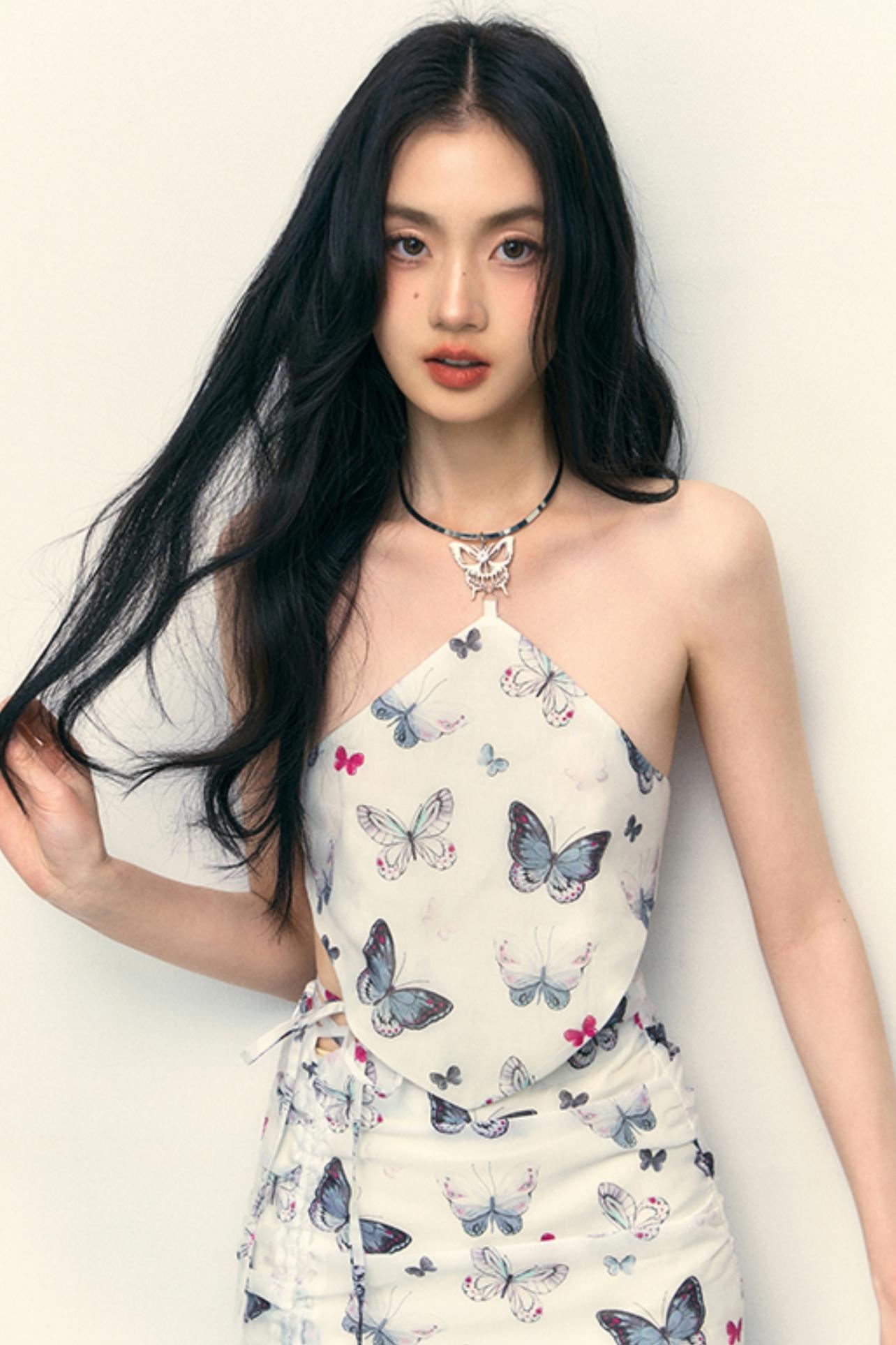 Butterfly Bloom Halter Drawstring Skirt Set-Up