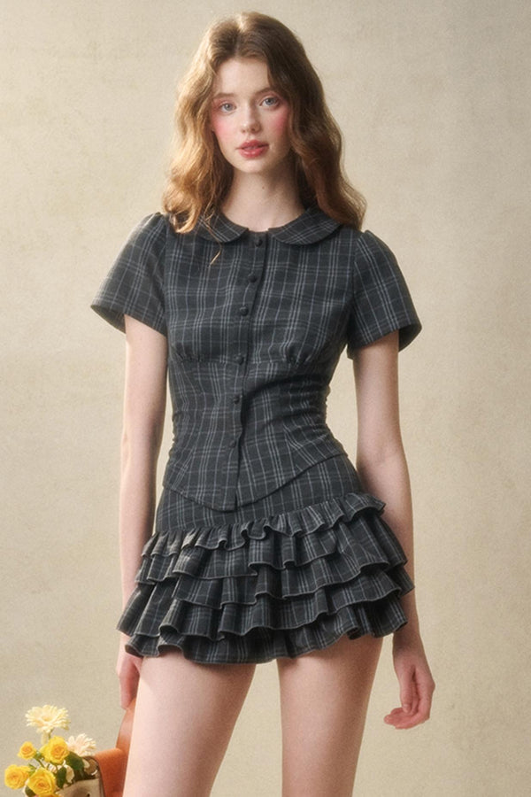 Plaid Lace Waist Poncho Skirt Set-Up