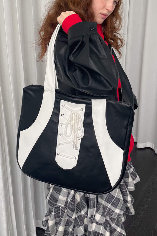 Black White Lace-Up Tote Bag