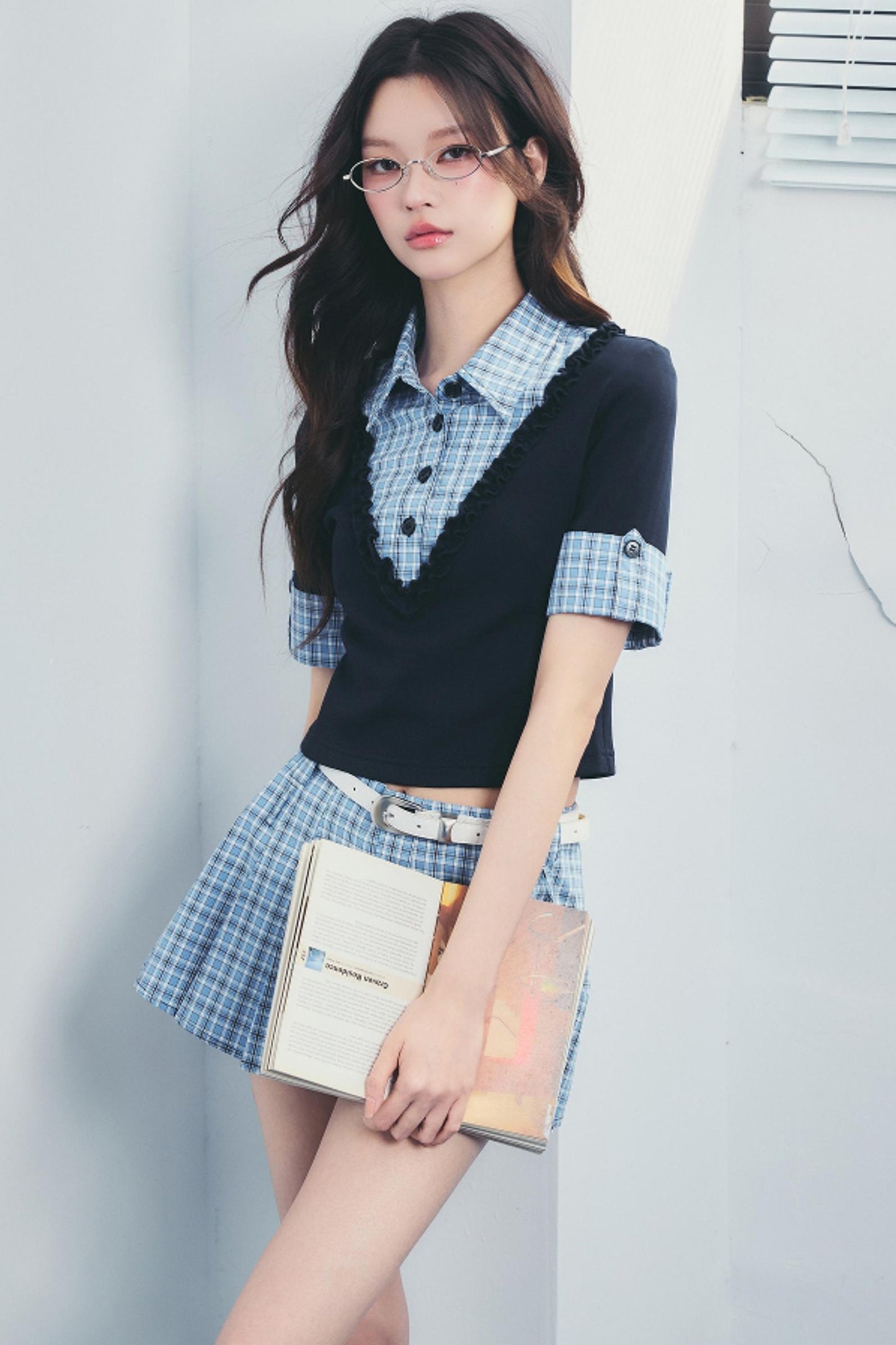 Checked Polo Shirt And Pleated Skirt Set-Up