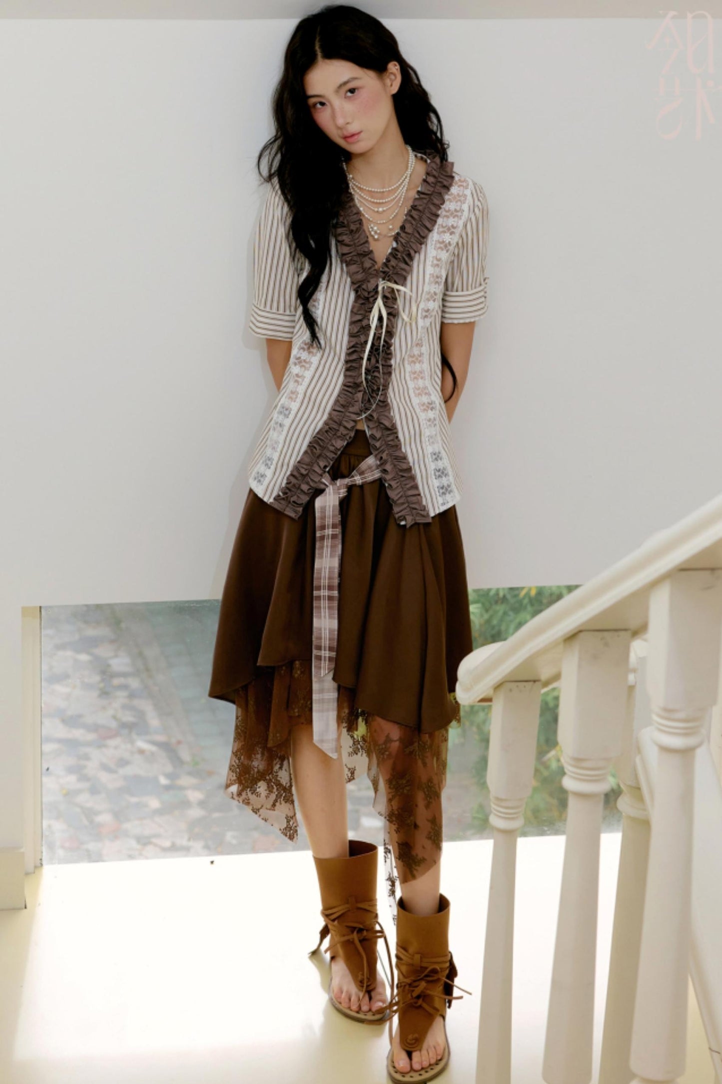 Brown Lace Trim Blouse