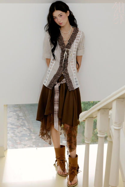 Brown Lace Trim Blouse