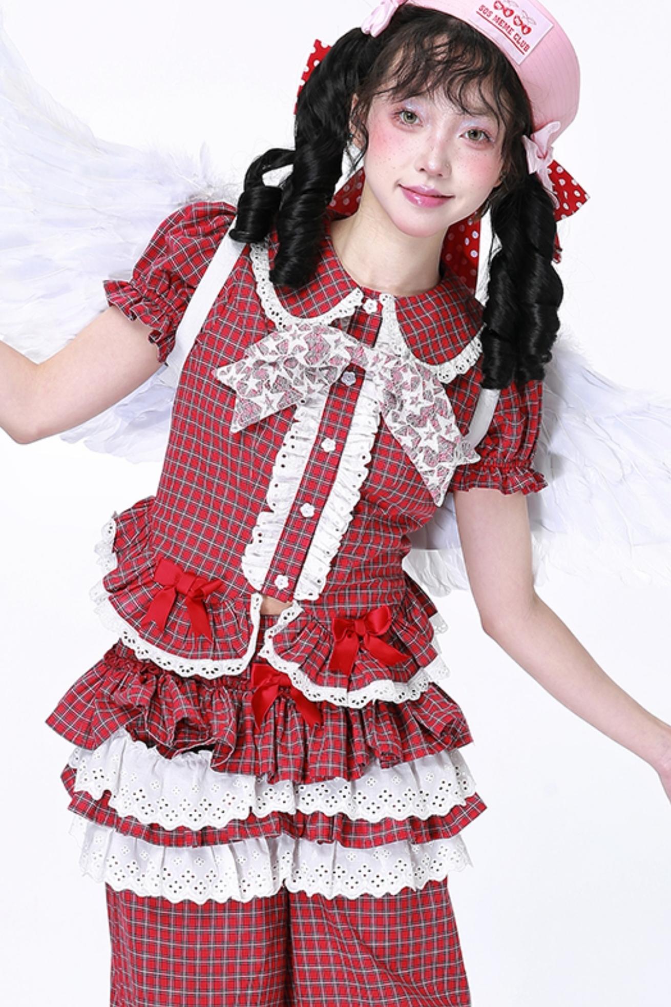 Red Gingham Showa Style Shirt