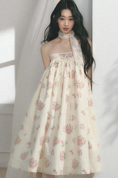 Rose Print Silk Scarf High-Waisted Chic Dress