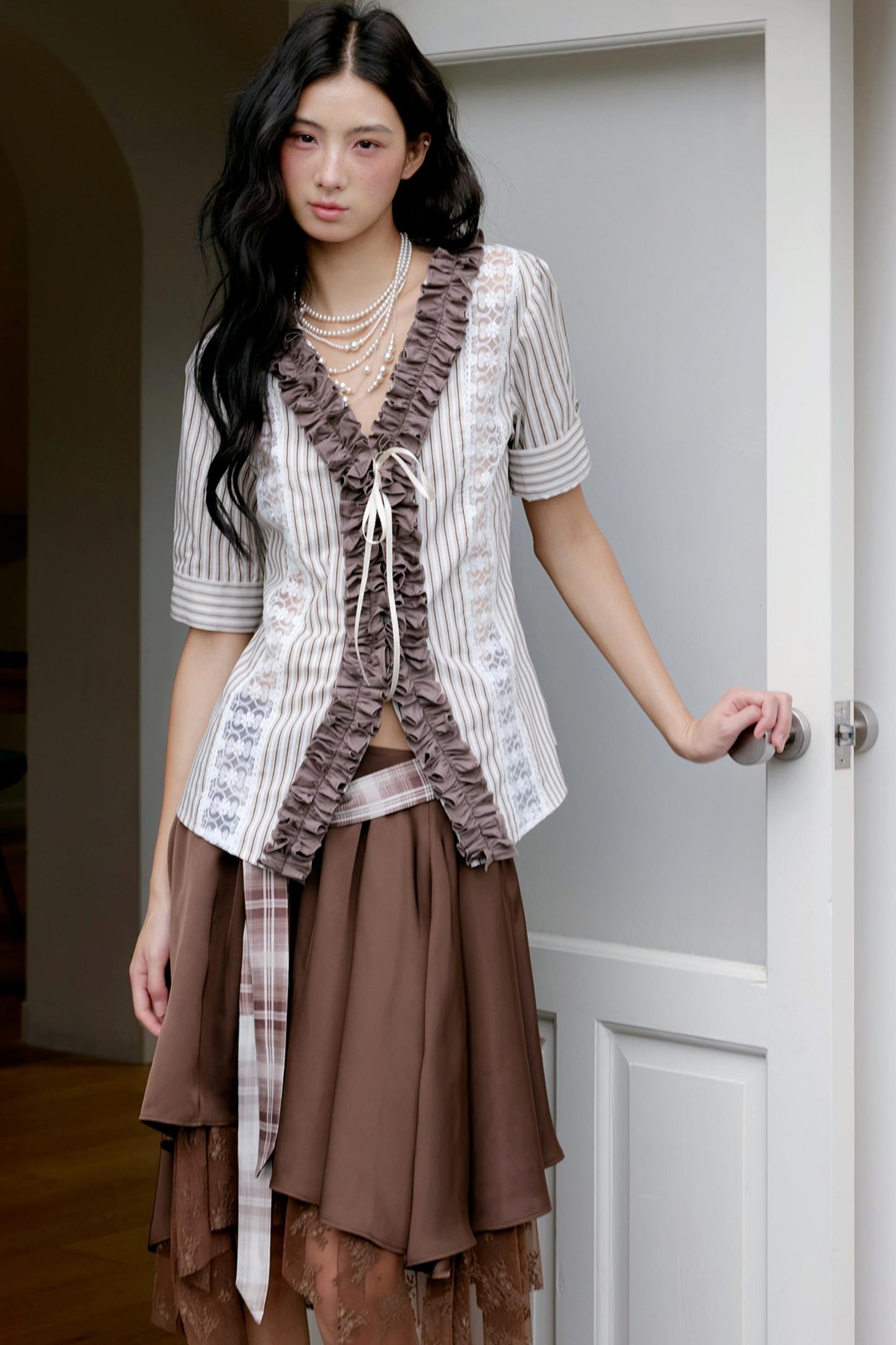 Brown Lace Trim Blouse