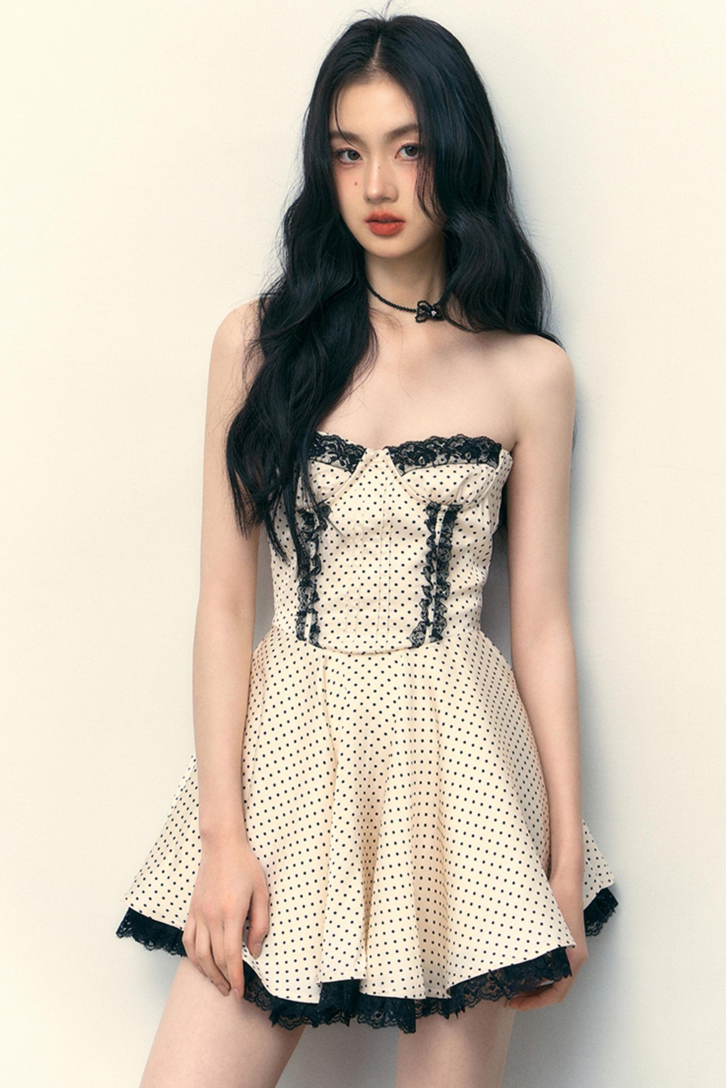 Satin Dot Lace Puff Skirt Mini Dress