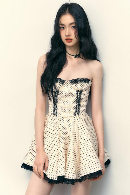 Satin Dot Lace Puff Skirt Mini Dress