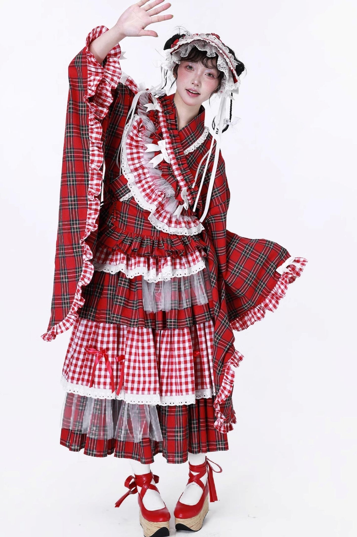 Red Plaid Kimono-Style Yukata Top