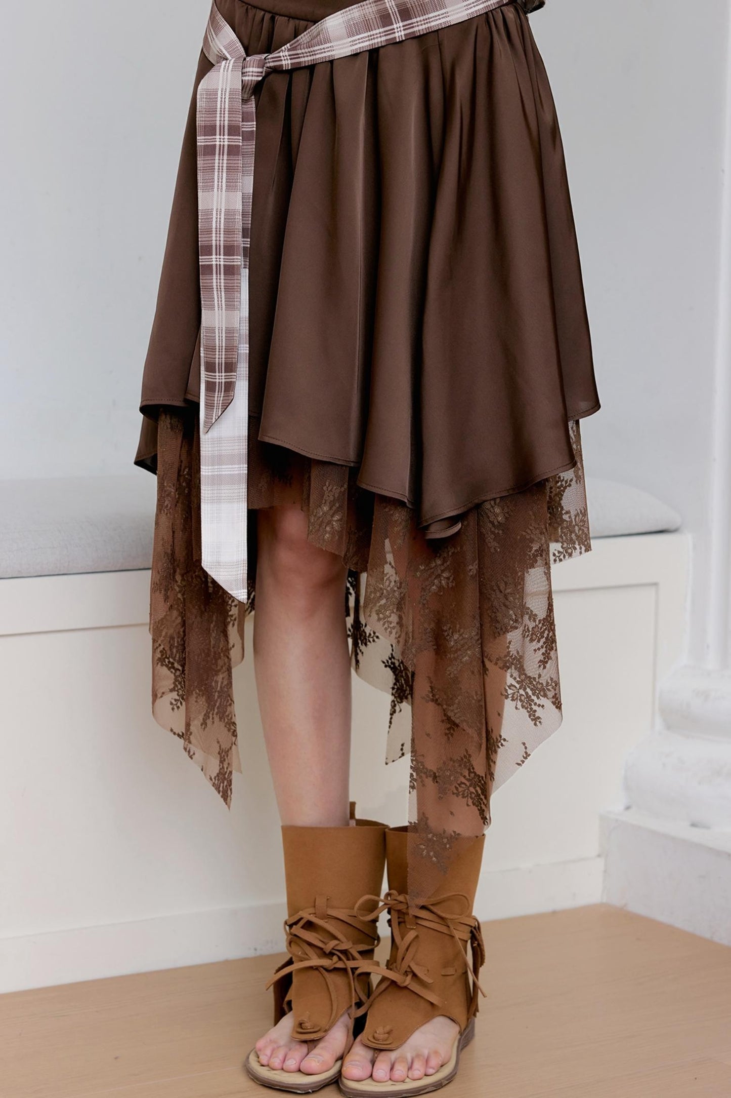 Brown Lace Asymmetrical Skirt