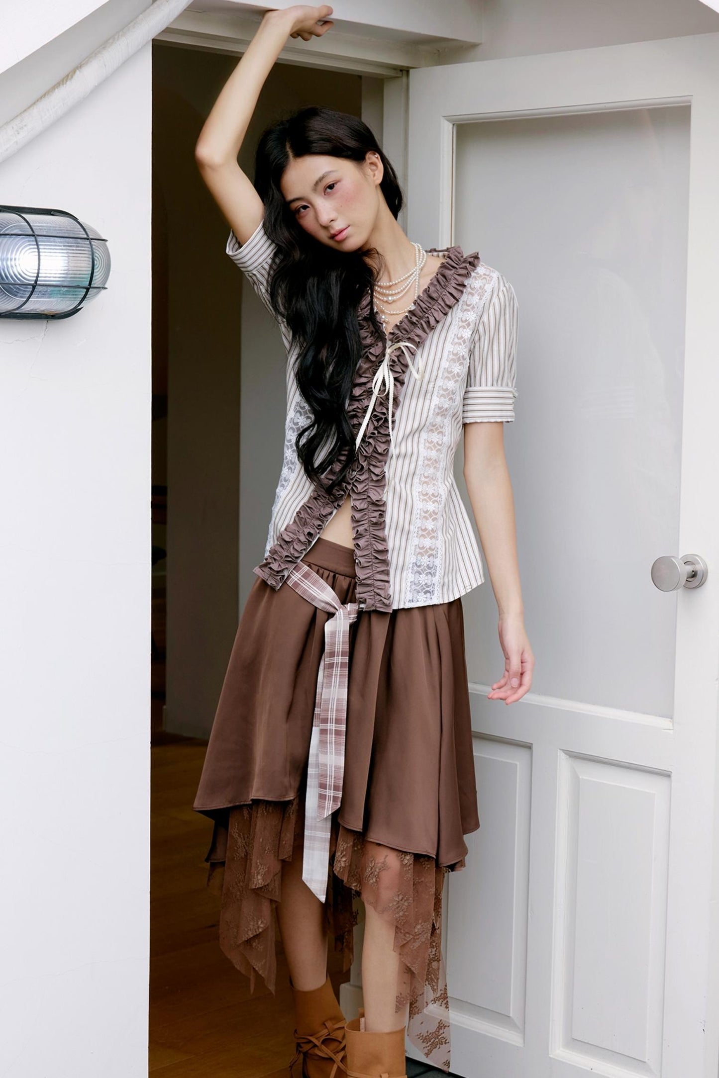 Brown Lace Trim Blouse