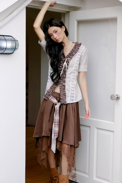 Brown Lace Trim Blouse