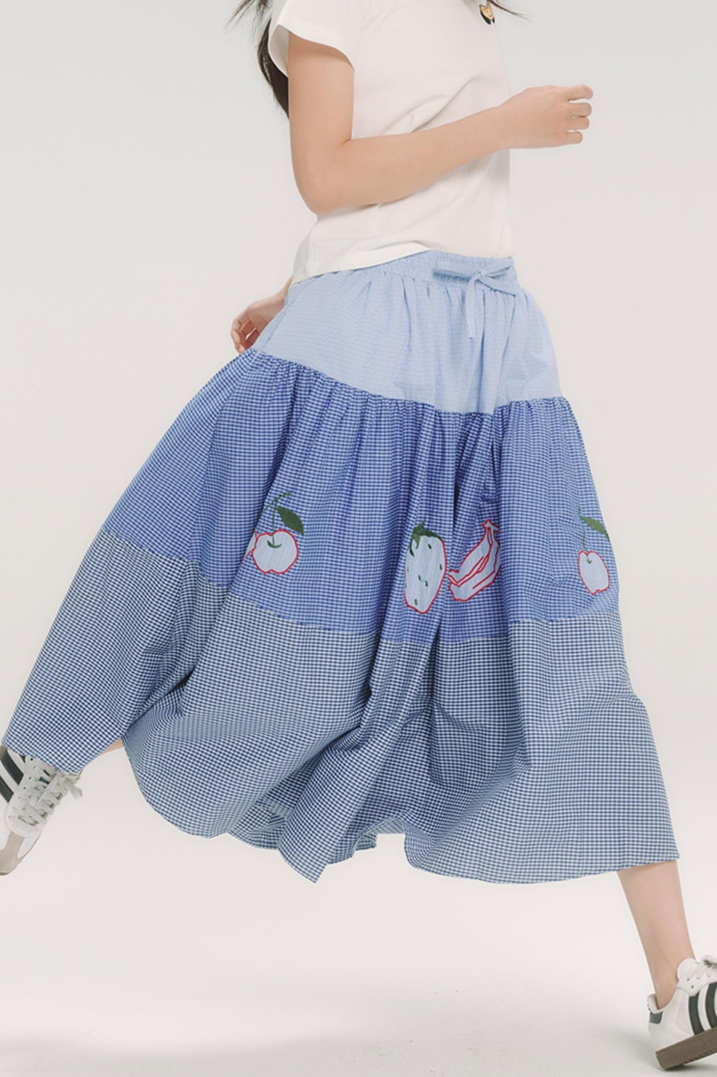 Blue Check Elastic Waist Skirt