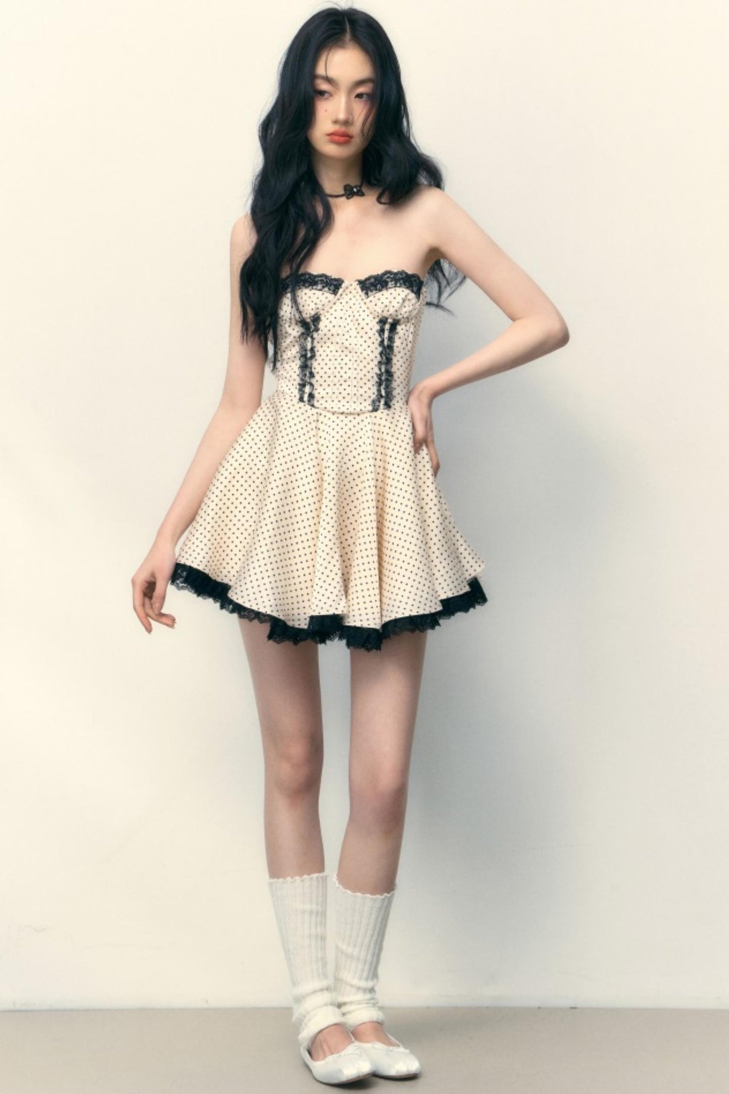 Satin Dot Lace Puff Skirt Mini Dress