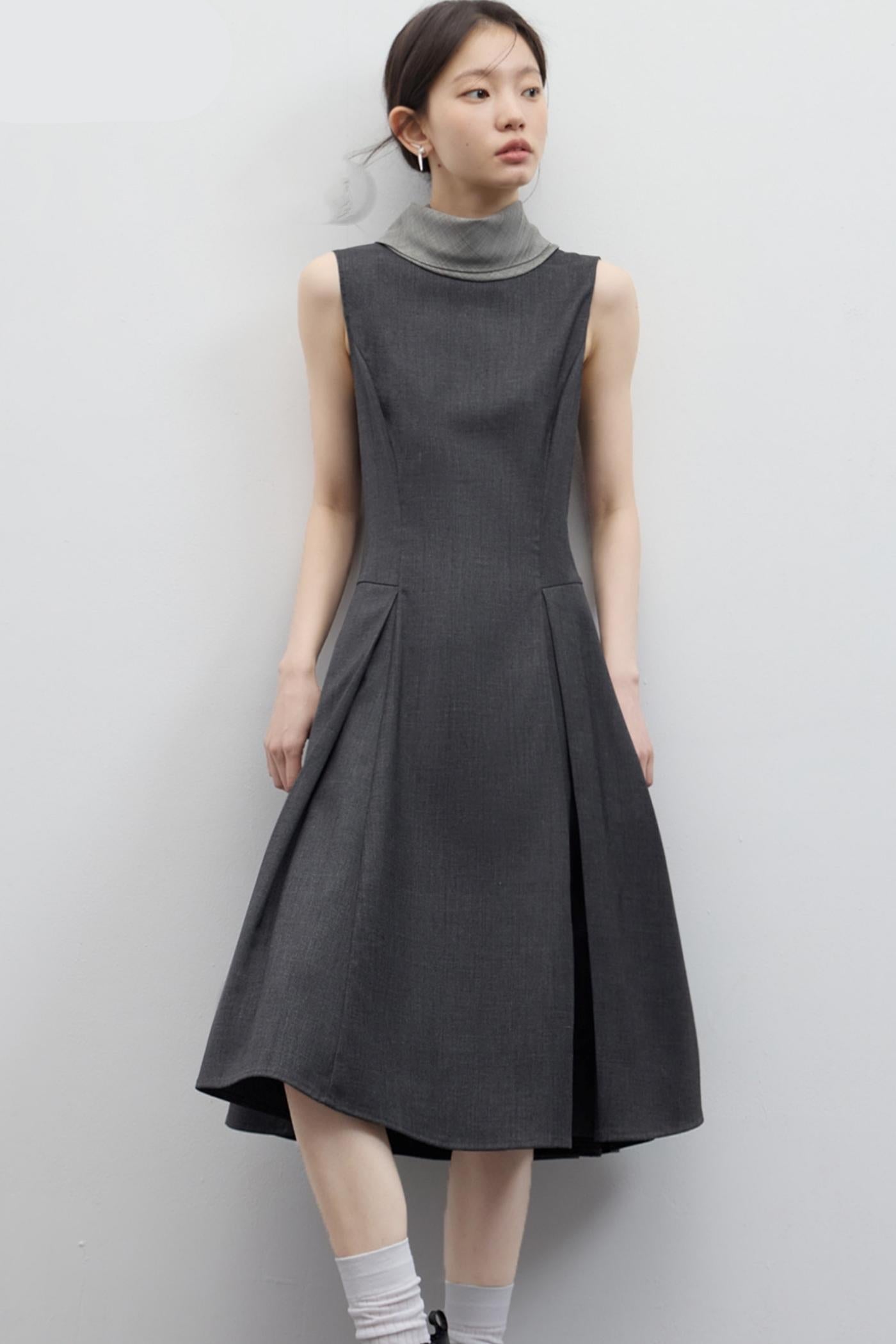 Gray Pleated Slim Fit Dress