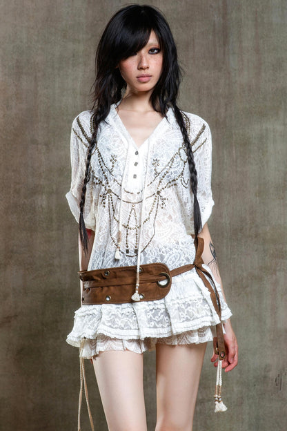 Earthy Orange Belt With Retro Lace Shirt Set-Up